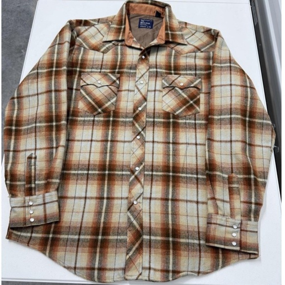 Vintage Jcpenny Shop Acrylic Plaid Western pearlsnap‎ Shirt XL TALL Brown Tan